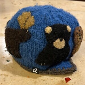 Ambler of Alberta Canada Wool Blue Knit Kids Hat with Woodland Creatures Design